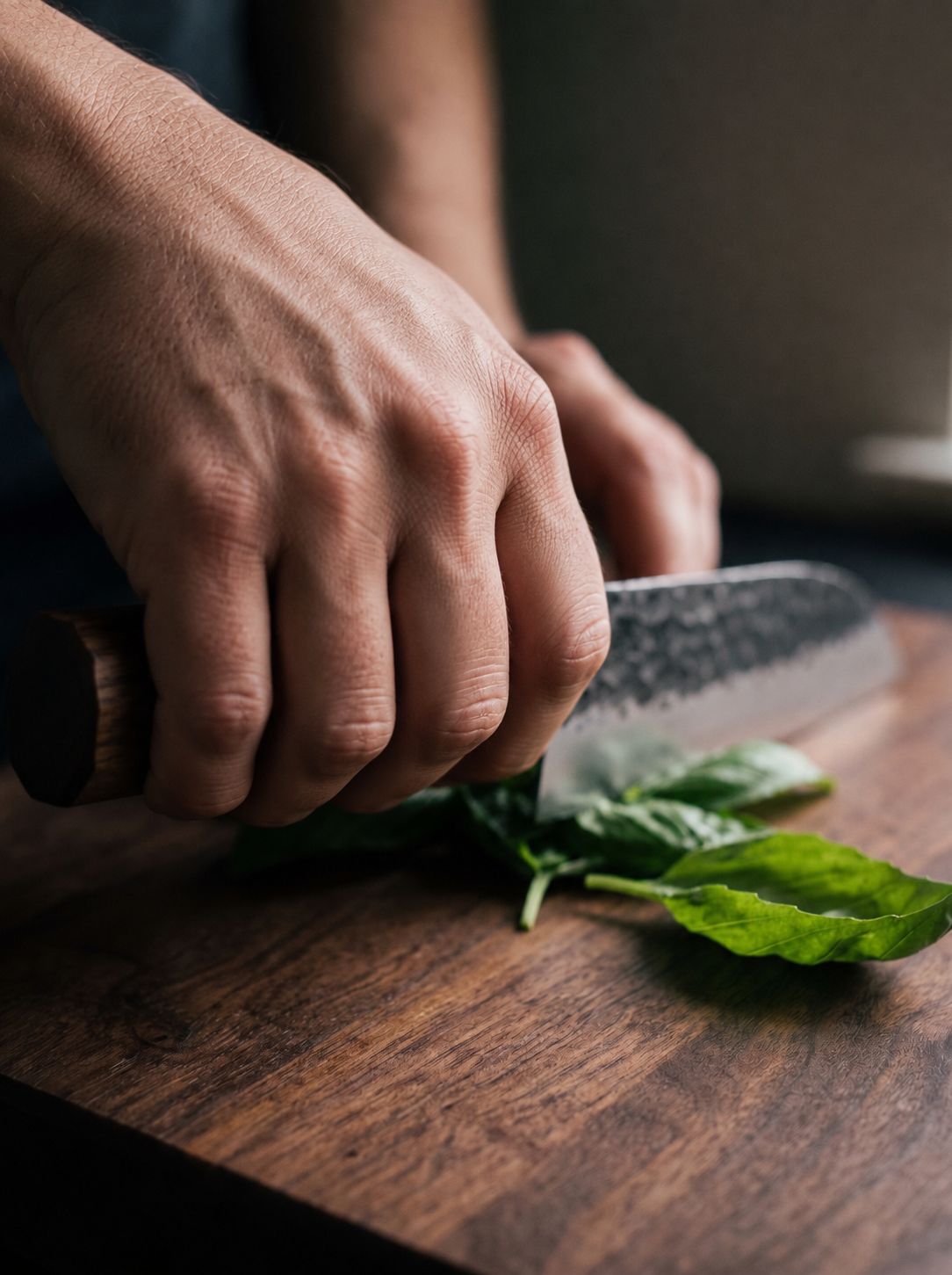A cook’s hand holding the santoku by its walnut handle, slicing fresh basil.