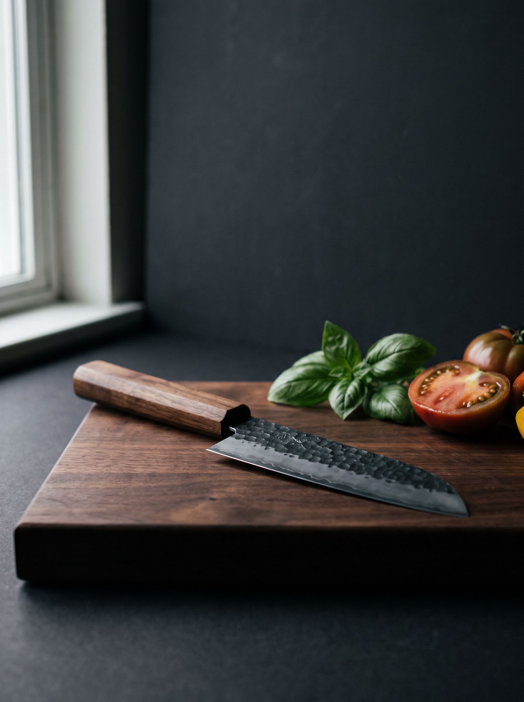 A hand-forged santoku knife with a walnut handle on a dark walnut cutting board.