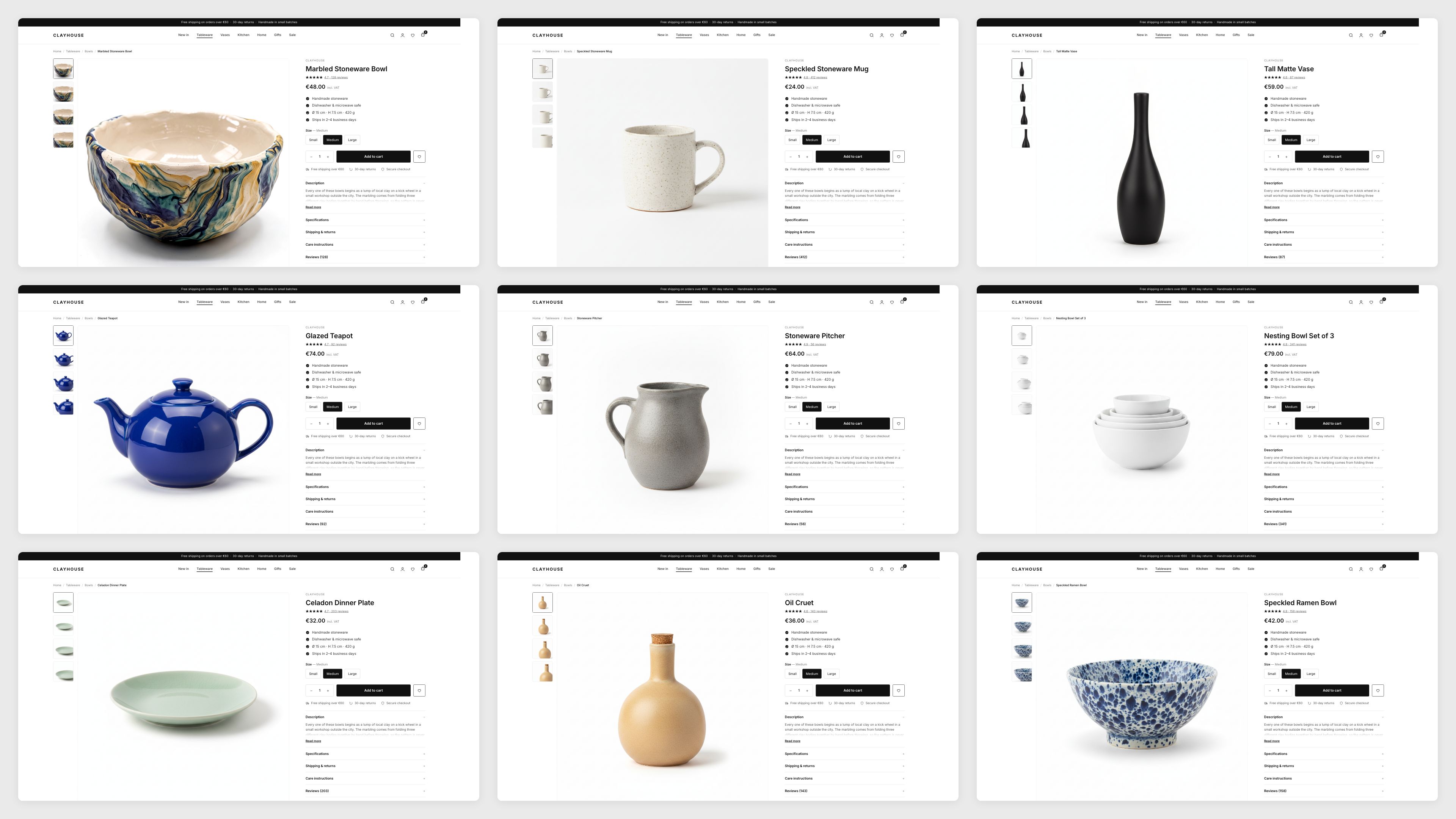 Nine product pages from the same store side by side — nine different handmade ceramics, one identical template.